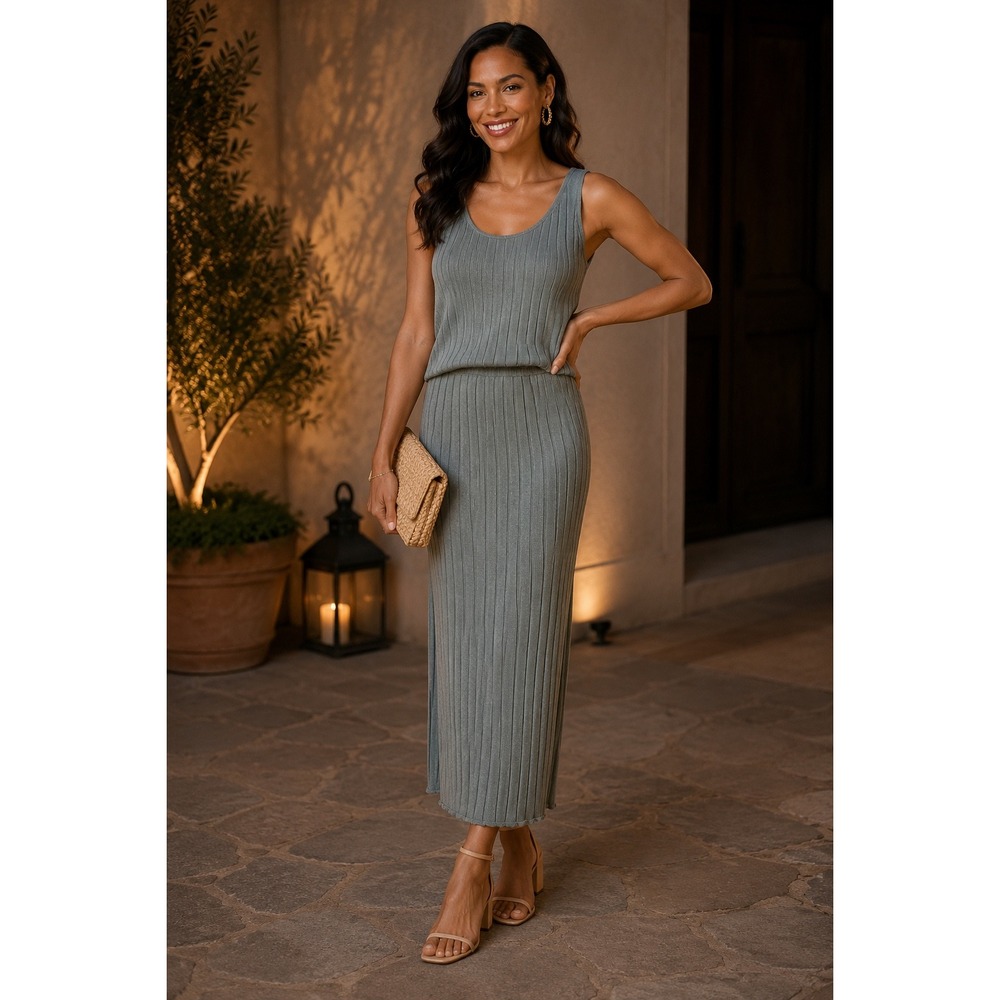 Peruvian Connection Sage Ribbed Tank Sweater Pencil Skirt Set Pima Cotton XL EUC